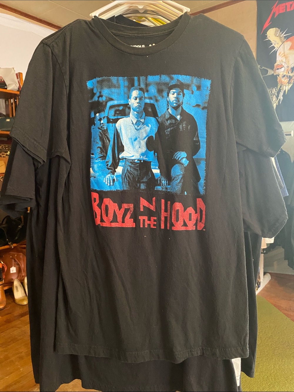 Boyz N The Hood Graphic Tee — Black with Blue Photo and Red Text